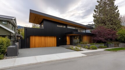 Obraz premium A contemporary residential house with clean architectural lines, bathed in soft daylight, reflecting sustainable living.