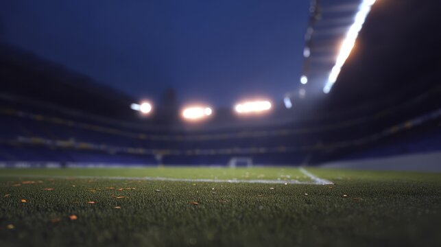 Empty soccer stadium at dusk with glowing floodlights and green turf showing subtle confetti remnants.