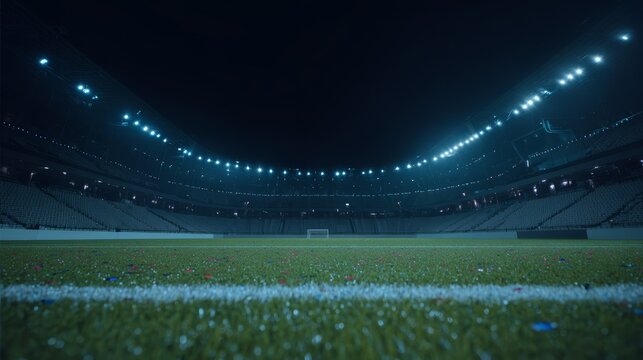 Empty soccer stadium at dusk with glowing floodlights and green turf showing subtle confetti remnants. - Powered by Adobe