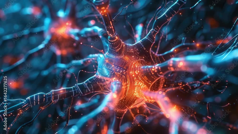 Poster inside the brain, neurological connections and neuron synapses in vivid colors of red and blue.