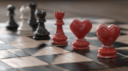 Symbolic chessboard with heart-shaped pieces at varied positions, depicting romantic timing dynamics.