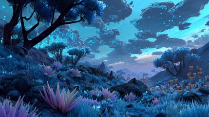 A cinematic sci-fi landscape of a bioluminescent alien world with floating mountains and vibrant exotic flora.