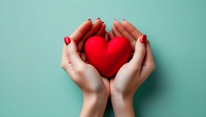 Obraz premium Gentle hands carefully cradle a small, plush red heart against a serene teal backdrop.