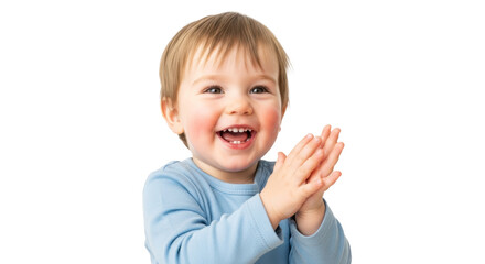 Happy toddler clapping hands with a big smile wearing a blue shirt on a transparent background image