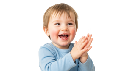 Happy toddler clapping hands with a big smile wearing a blue shirt on a transparent background image