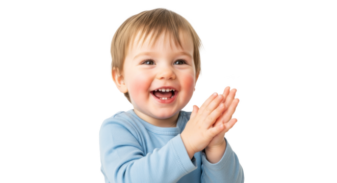Happy toddler clapping hands with a big smile wearing a blue shirt on a transparent background image