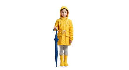 Little girl in yellow raincoat and boots holding a blue umbrella standing on a black background