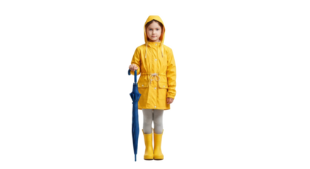 Little girl in yellow raincoat and boots holding a blue umbrella standing on a black background