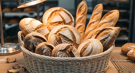 A rustic wicker basket filled with an assortment of freshly baked artisanal bread, showcasing traditional sourdough loaves and baguettes.