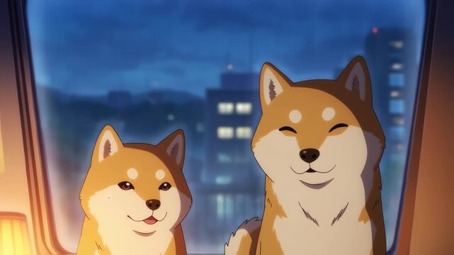 Adorable anime shiba inu dogs by window seamless loop particle effect