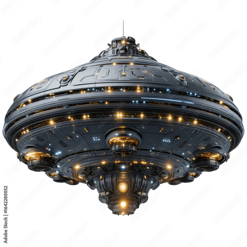 Poster exploring futuristic ufo spaceship concept art design for science fiction fans isolated on transpare