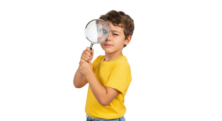 A young boy in a yellow shirt looking through a magnifying glass with a curious expression on his face