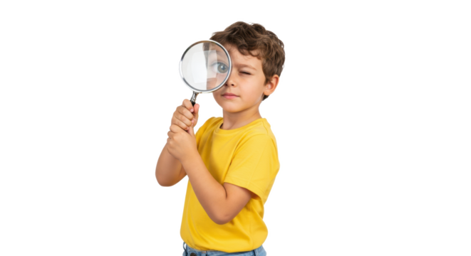 A young boy in a yellow shirt looking through a magnifying glass with a curious expression on his face