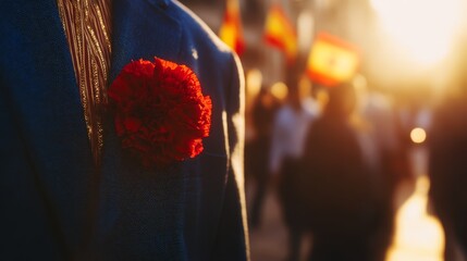 Obraz premium A red carnation pinned on a navy blue jacket, sunlight filtering through with Spanish flags in the background.