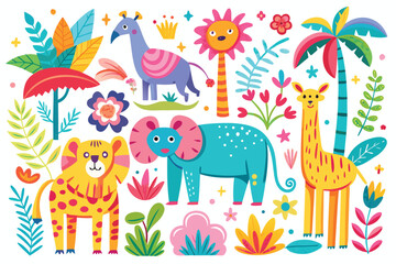 Obraz premium Colorful and playful illustration featuring cartoon animals and tropical floral elements for design.