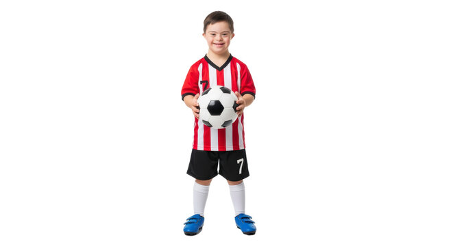 Boy with down syndrome in soccer uniform holding a soccer ball in front of a black background