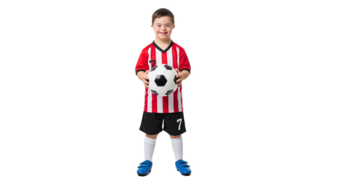 Boy with down syndrome in soccer uniform holding a soccer ball in front of a black background