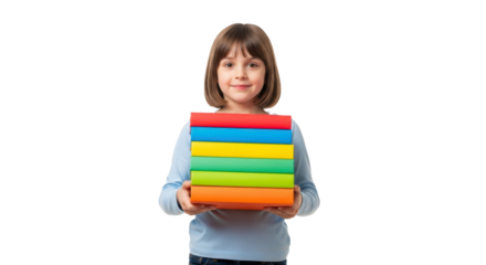 A young girl holding a stack of colorful books with a smile on a black and white background image