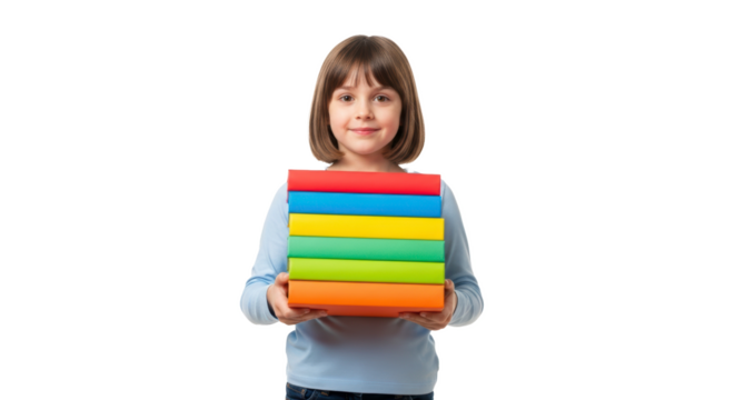 A young girl holding a stack of colorful books with a smile on a black and white background image - Powered by Adobe
