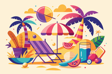 Obraz premium Colorful beach scene depicting summer vacation and leisure with tropical elements and refreshments