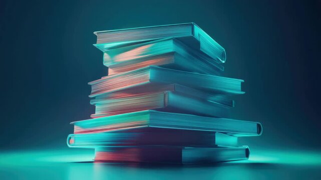 Neon colored stack of papers and files on a dark background.