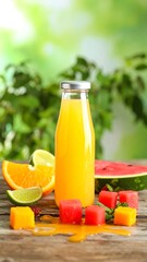 Fototapeta premium Juicy fruit smoothie in glass bottle