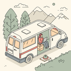 Fototapeta premium Remote work in van with open laptop.