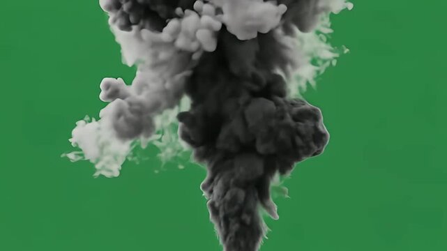 Massive grey smoke explosion isolated on a green screen.	