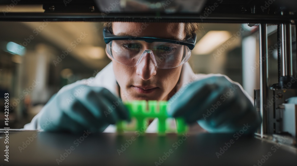 Poster medium shot capturing a focused engineer inspecting the innovative 3d printer nozzle creating sustai