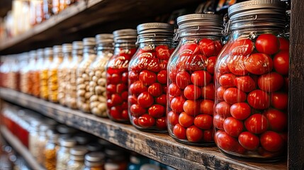 Rustic Pantry Display: Jars of Preserved Tomatoes and Legumes on Wooden Shelves