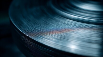 An abstract metallic circular structure with polished steel surface, reflecting geometric patterns under cool lighting.