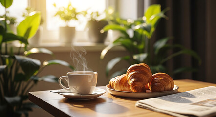 Morning Coffee and Croissants with Newspaper on a Sunny Table