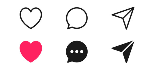 Like, comment, share icon button set. Social media notification icons : reply and love heart flat icon , social network user interface flat icons, post reactions. Vector illustration