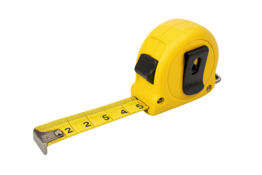 Yellow retractable tape measure showing two, measuring length, transparent background