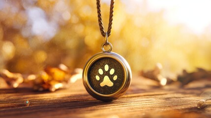 A vibrant paw print pendant on a rustic table, honoring World Animal Day with warmth and nature.