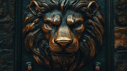 Ornate bronze lion head relief on dark stone wall