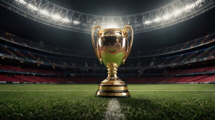 Golden trophy on a soccer field in a stadium