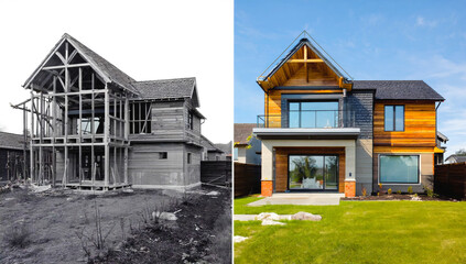 A construction site showing a black and white timber frame house on the left and a new finished house with a landscaped yard on the right, illustrating the transformation of residential architecture.