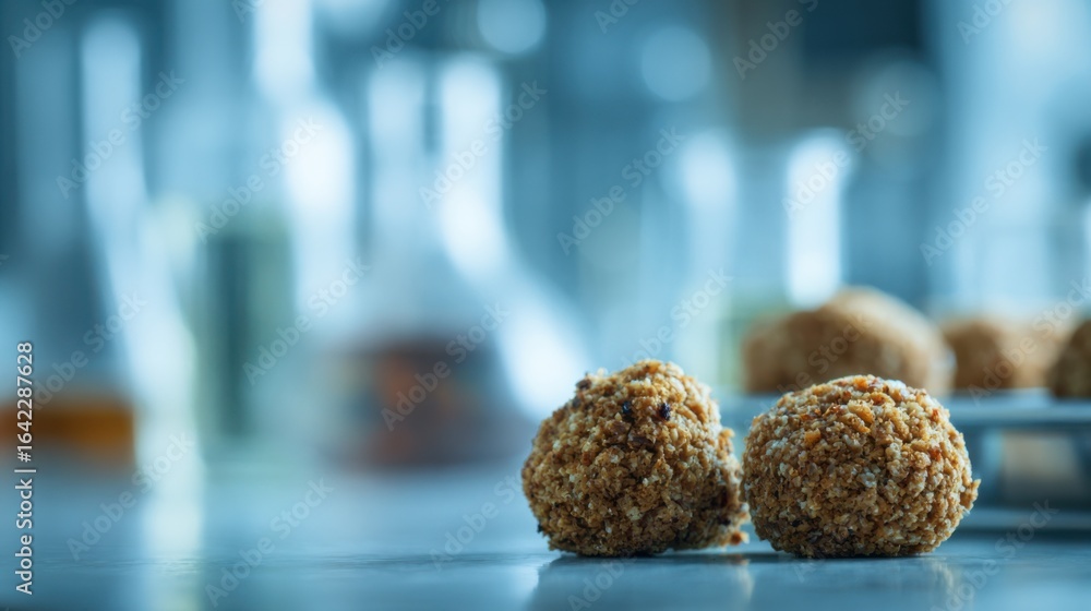 Poster focus on falafel texture with blurred lab instruments behind.