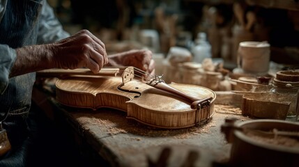 Craftsman carefully working on violin