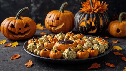 Halloween Pumpkin Dip with Mini Pumpkins and Popcorn