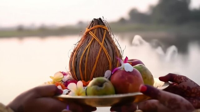 Hindu ritual Chhath Puja offering plate filled with fruits, coconut, and sacred kalash by the riverbank at sunrise, representing Indian tradition, faith, and deep spiritual devotion