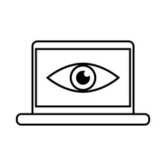 Laptop privacy concept. Surveillance eye symbol. Monitoring technology Vector. Cyber security icon.