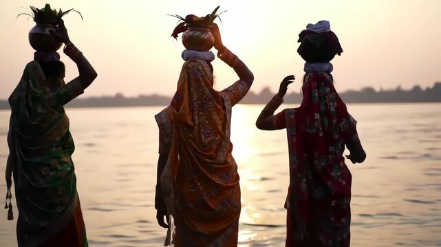 Hindu ritual Chhath Puja with women standing by the riverside at sunrise, carrying decorated pots on their heads, wearing vibrant traditional attire, offering prayers to the Sun God, reflecting devoti