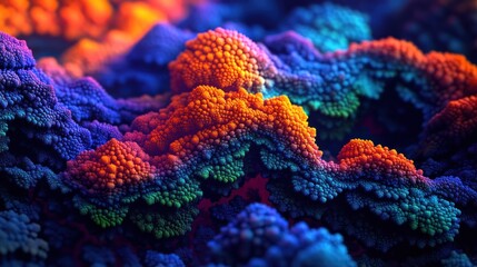 Abstract fractal landscape of vibrant colors, textured hills and peaks