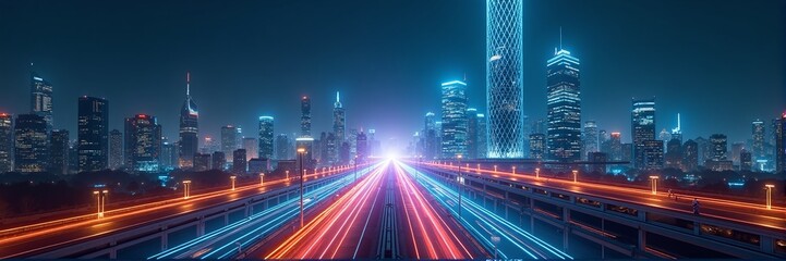 Neon lights streak through a futuristic city with glowing skyscrapers
