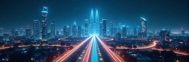 Fototapeta premium Neon lights streak through a futuristic city with glowing skyscrapers
