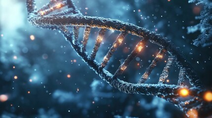 Frozen DNA helix, glowing points, icy background