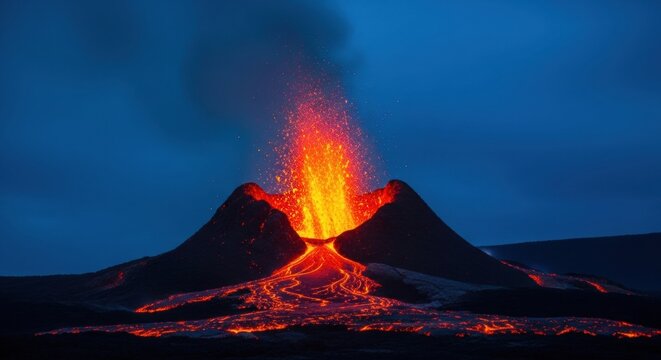 A spectacular close-up of a volcano erupting with a powerful lava fountain against the night sky.