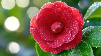 Close-up of a vibrant red Camellia flower covered in dew drops